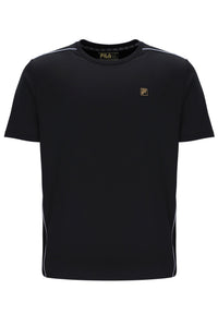 Black t-shirt with a small logo on a white background