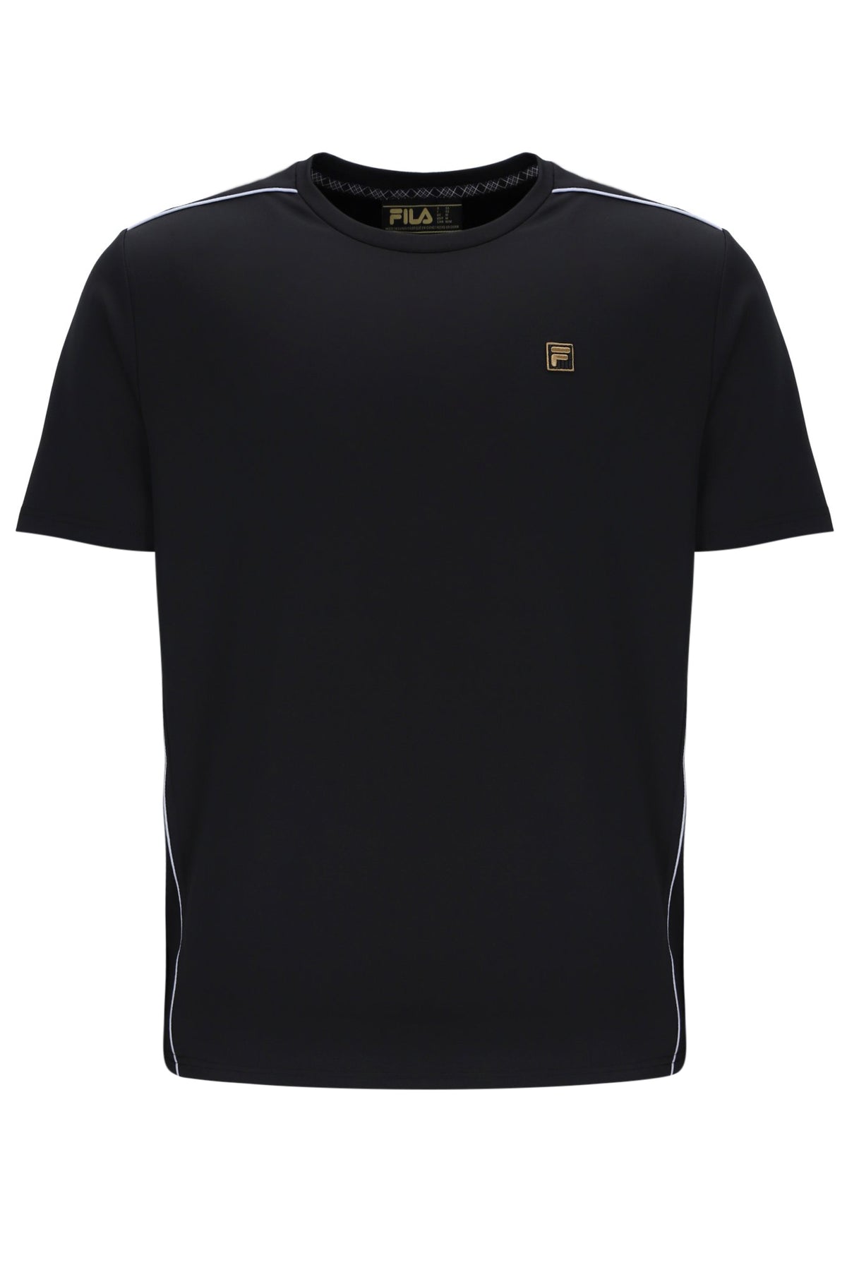 Black t-shirt with a small logo on a white background