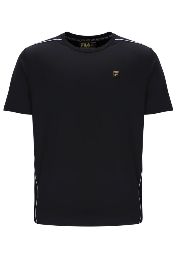 Black t-shirt with a small logo on a white background