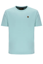 Light blue t-shirt with brand logos on a white background