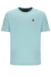 Light blue t-shirt with brand logos on a white background