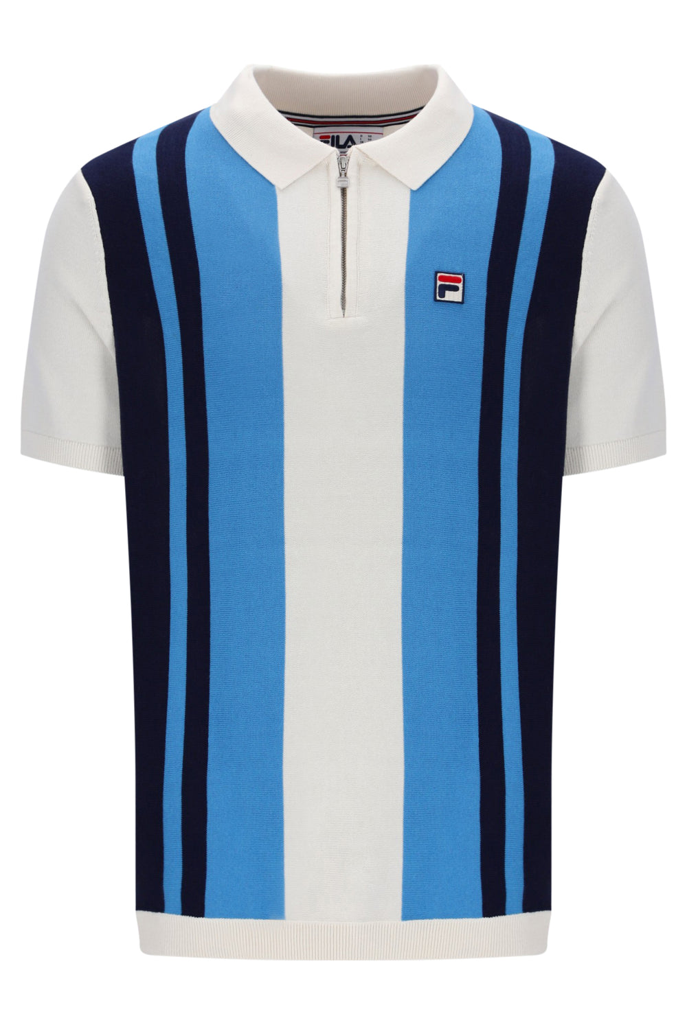 Displays the Gardenia & Azure Blue 'Fila' branded Lazar Knitted Colourblock Zip Polo