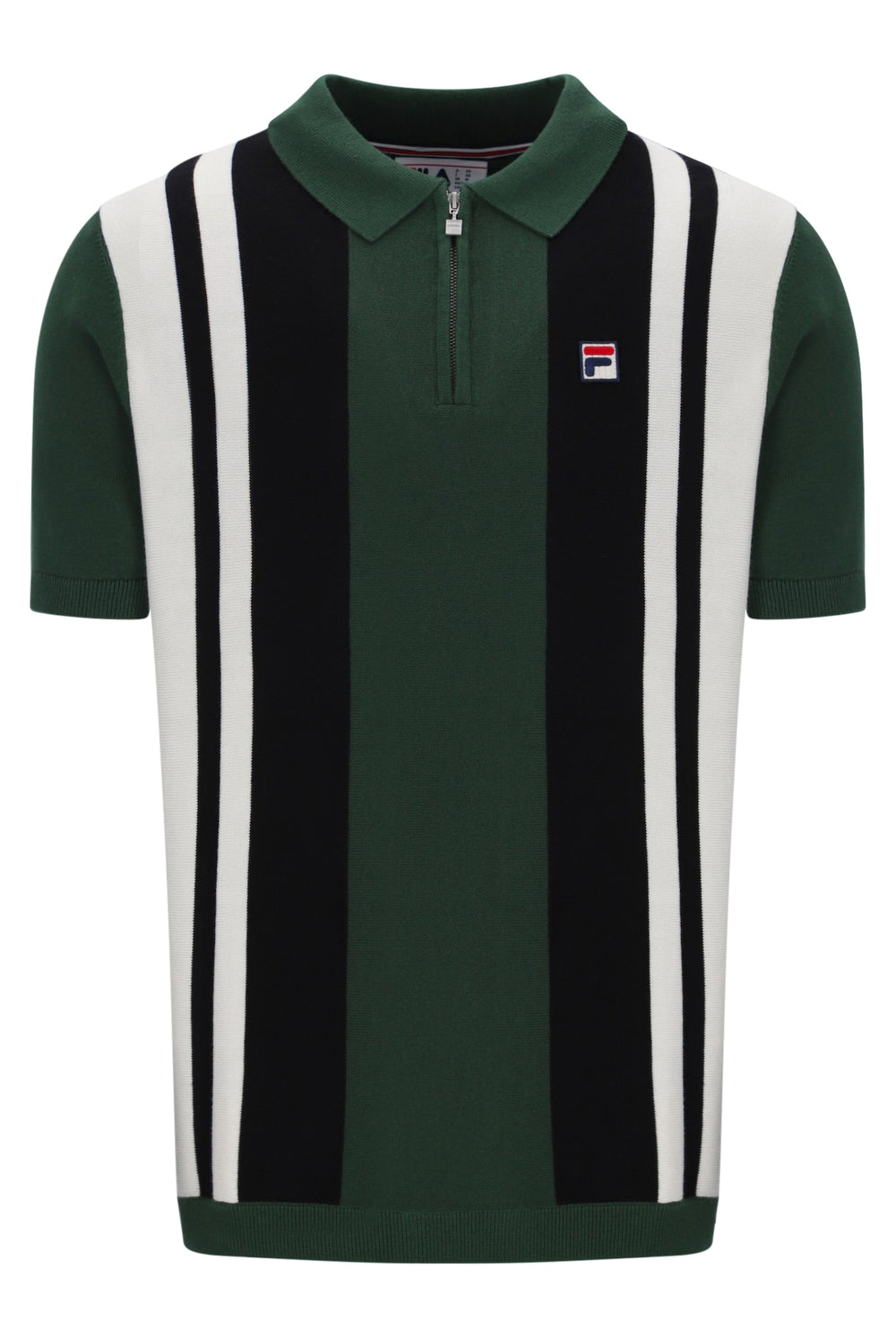 Displays the Pine Needle and Black 'FILA' branded Lazar Knitted Colourblock Zip Polo