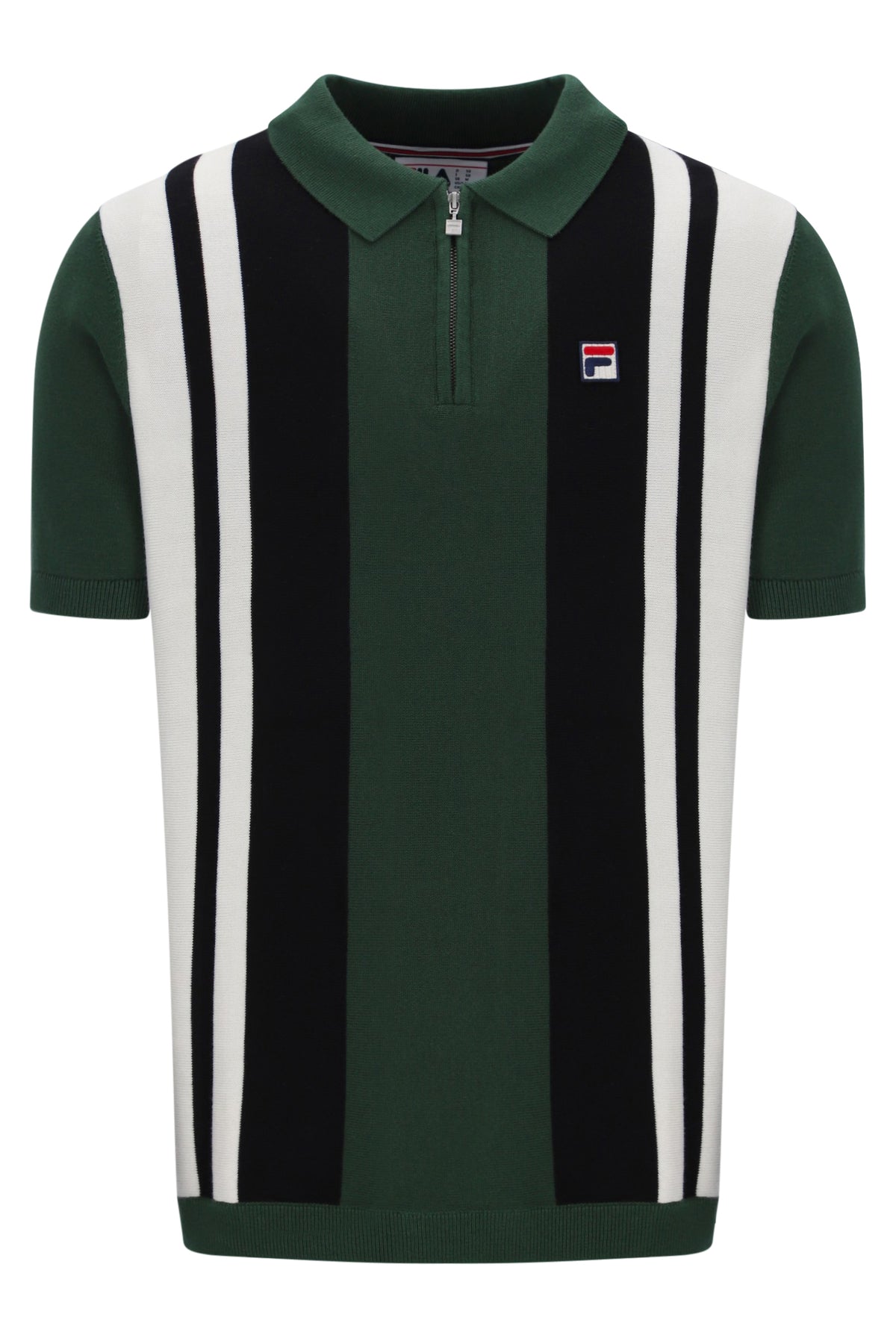 Displays the Pine Needle and Black 'FILA' branded Lazar Knitted Colourblock Zip Polo