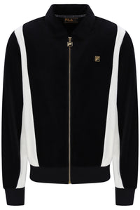 Displays the Black and White 'FILA' branded Down Lazaro Velour Colour Block Jacket