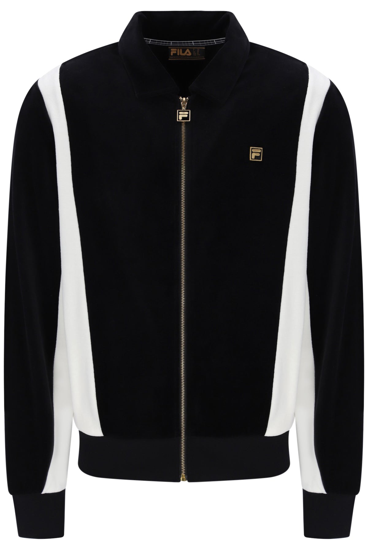 Displays the Black and White 'FILA' branded Down Lazaro Velour Colour Block Jacket