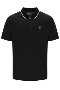 Black polo shirt with a small logo on a white background