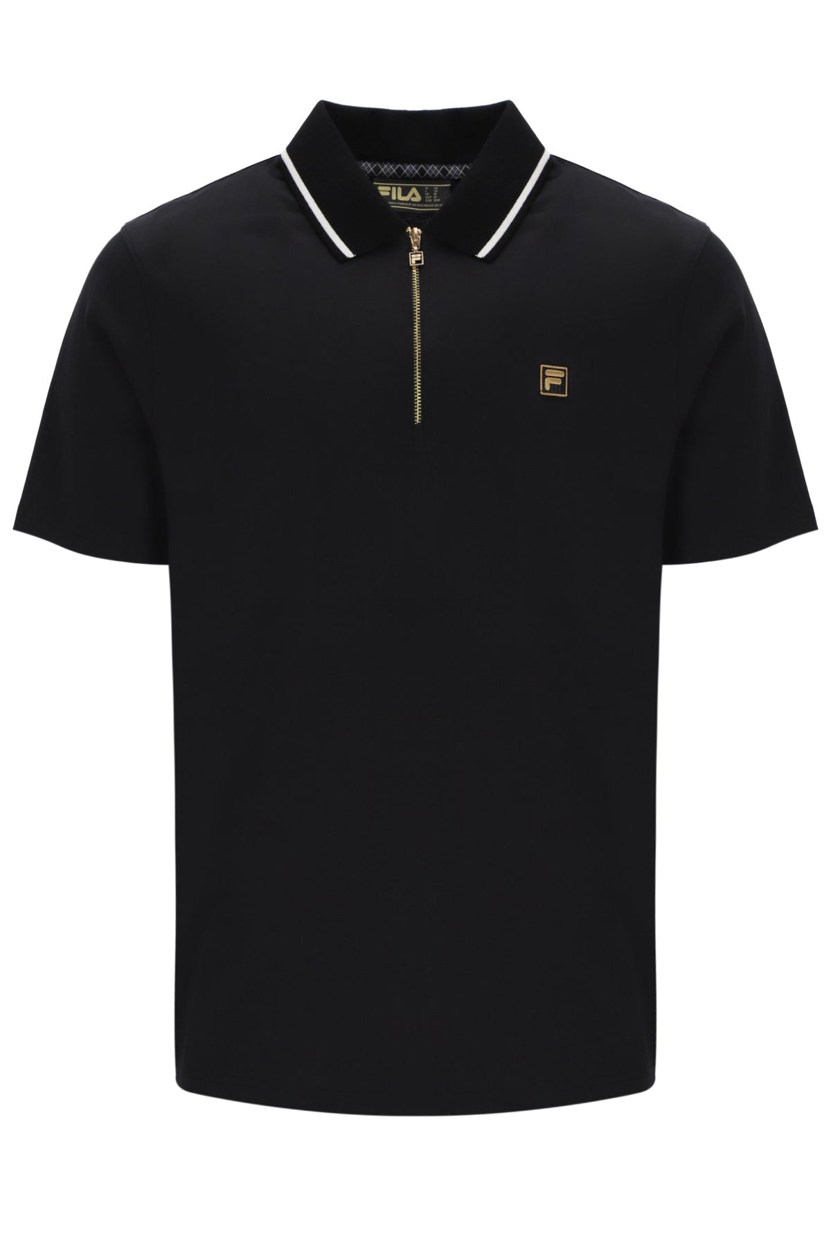 Black polo shirt with a small logo on a white background