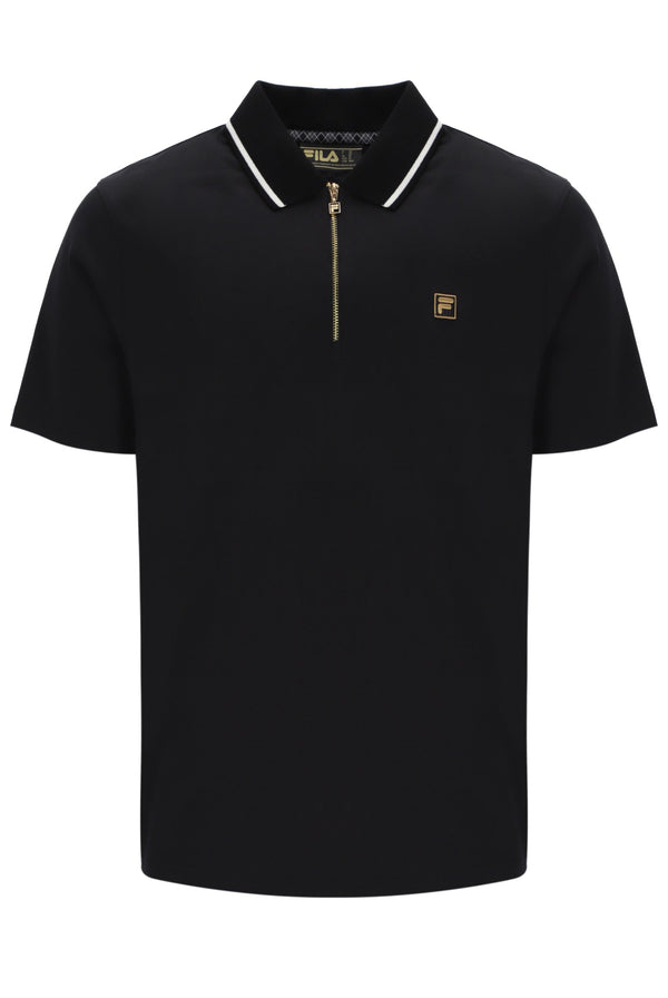 Black polo shirt with a small logo on a white background