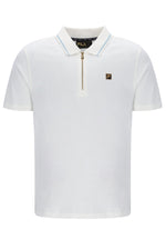 White polo shirt with a small logo on a white background