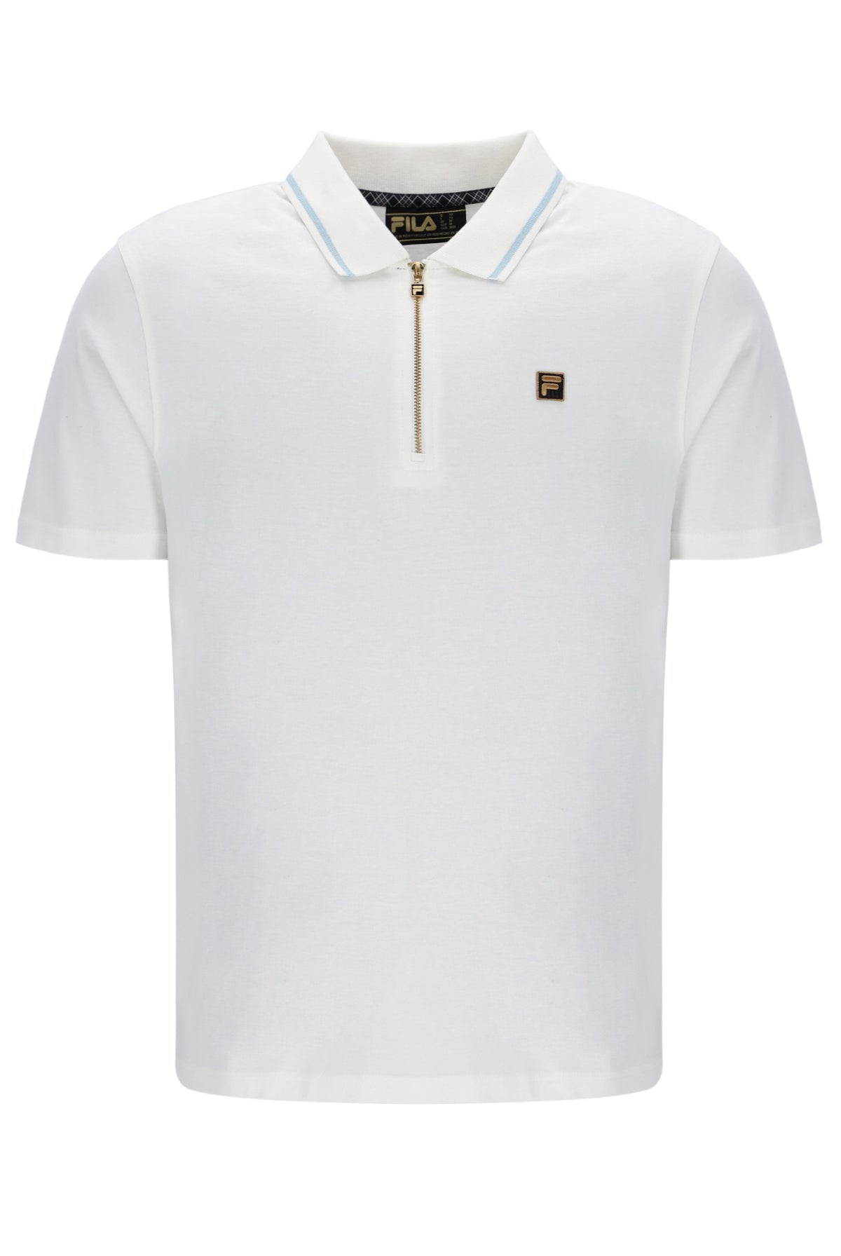 White polo shirt with a small logo on a white background