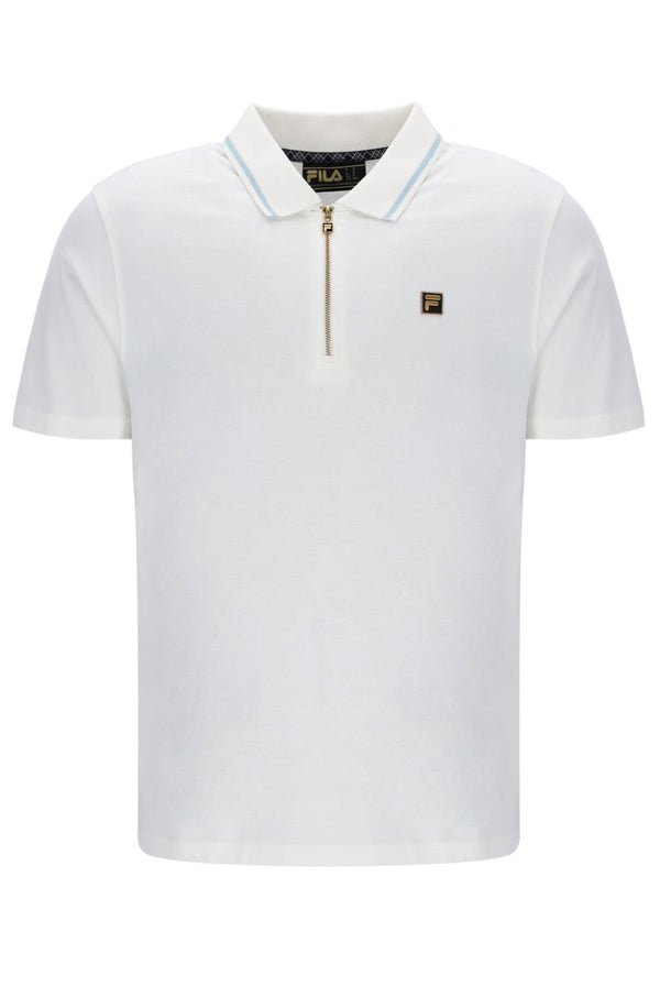 White polo shirt with a small logo on a white background