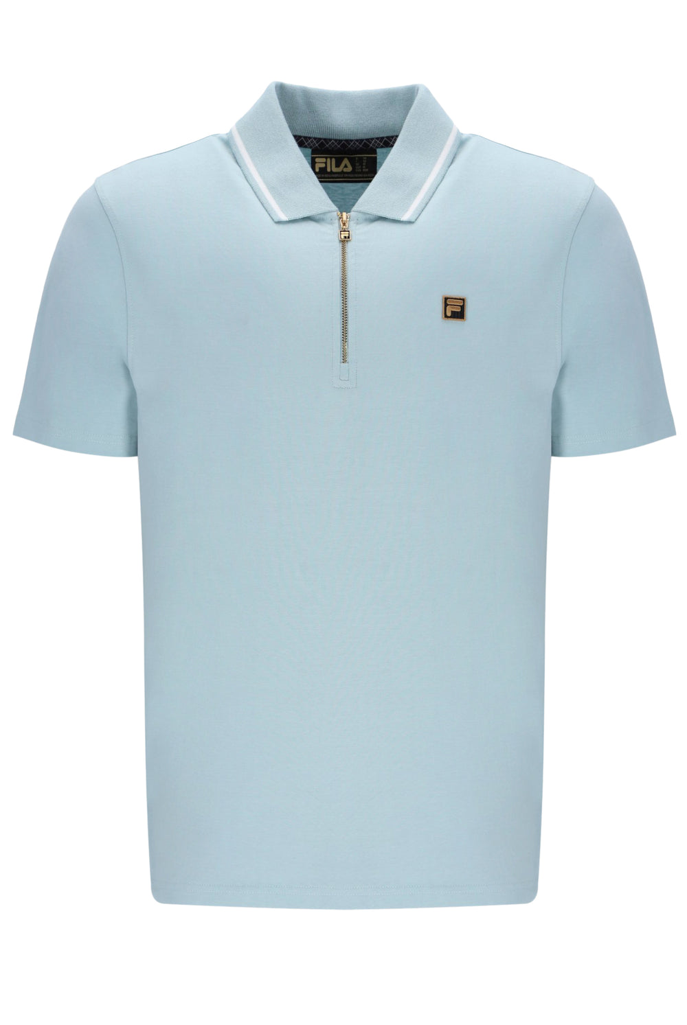 A light blue zip-up polo shirt with a FILA gold logo on the chest, on a white background