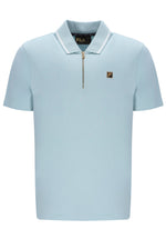 A light blue zip-up polo shirt with a FILA gold logo on the chest, on a white background