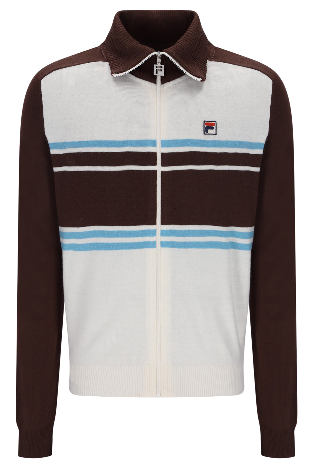 Displays the Gardenia and Fudge 'FILA' branded Blue Lena Knitted Full Zip Funnel Neck Jumper