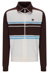 Displays the Gardenia and Fudge 'FILA' branded Blue Lena Knitted Full Zip Funnel Neck Jumper