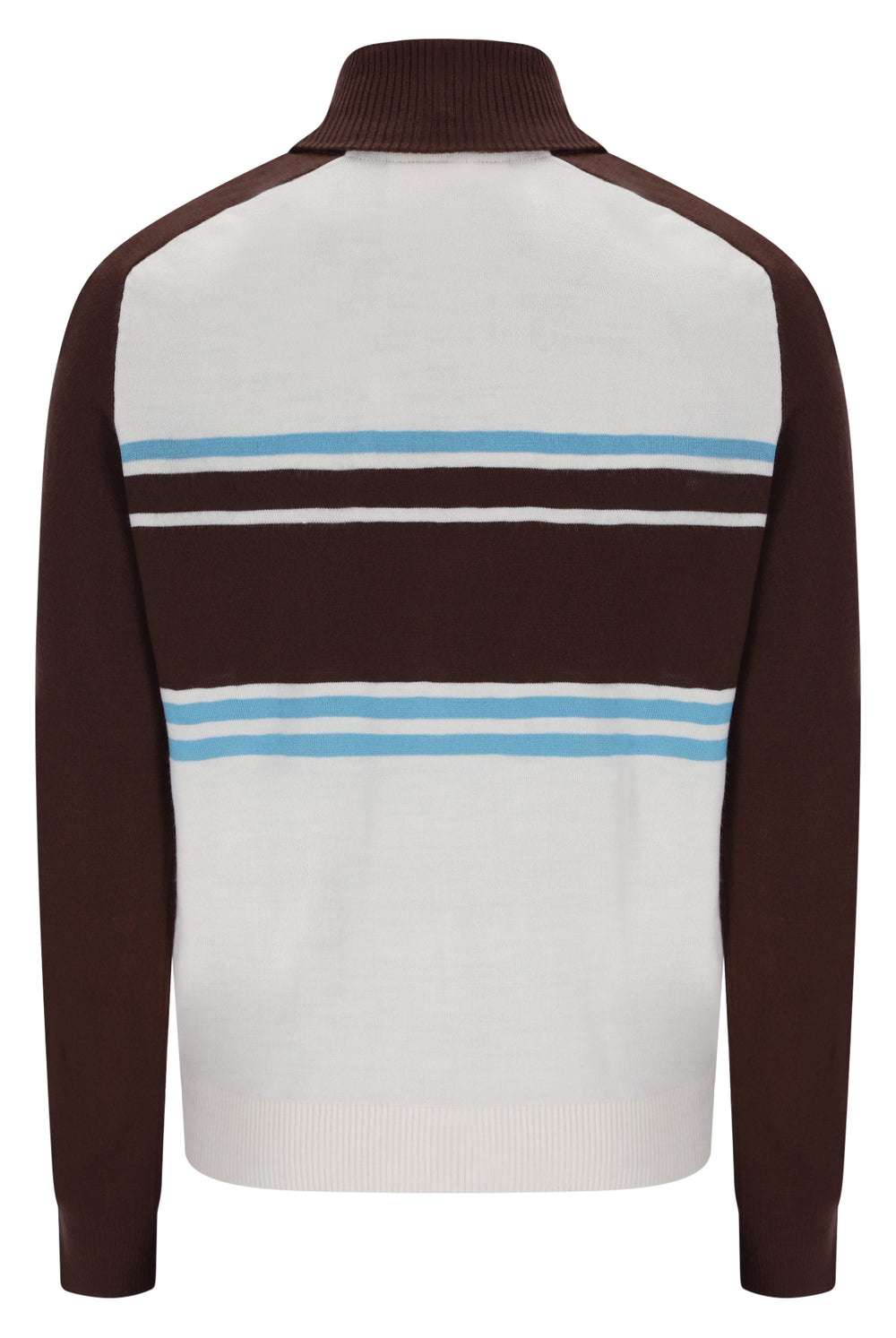 Displays the Gardenia and Fudge 'FILA' branded Blue Lena Knitted Full Zip Funnel Neck Jumper
