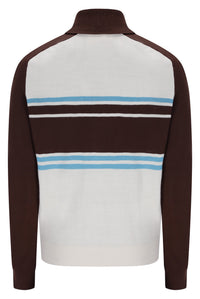 Displays the Gardenia and Fudge 'FILA' branded Blue Lena Knitted Full Zip Funnel Neck Jumper