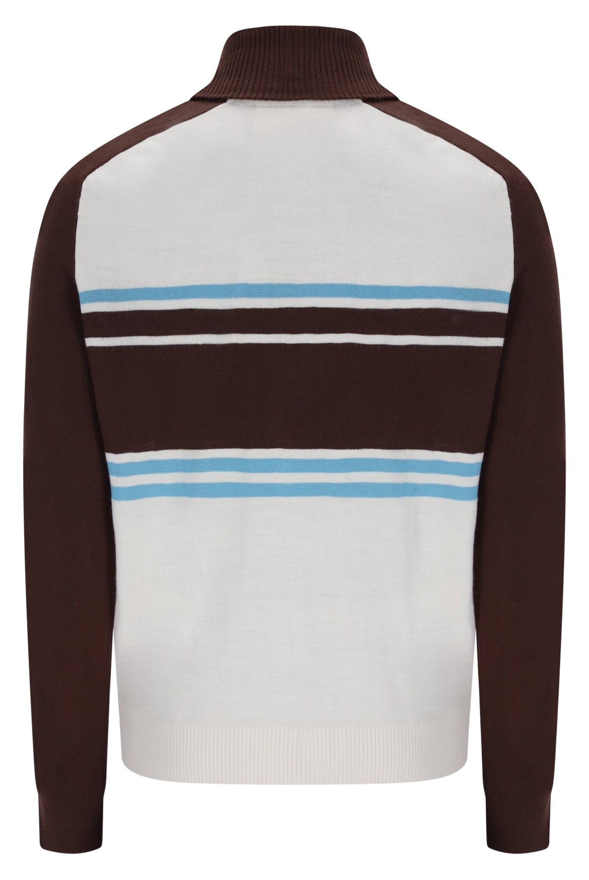 Displays the Gardenia and Fudge 'FILA' branded Blue Lena Knitted Full Zip Funnel Neck Jumper