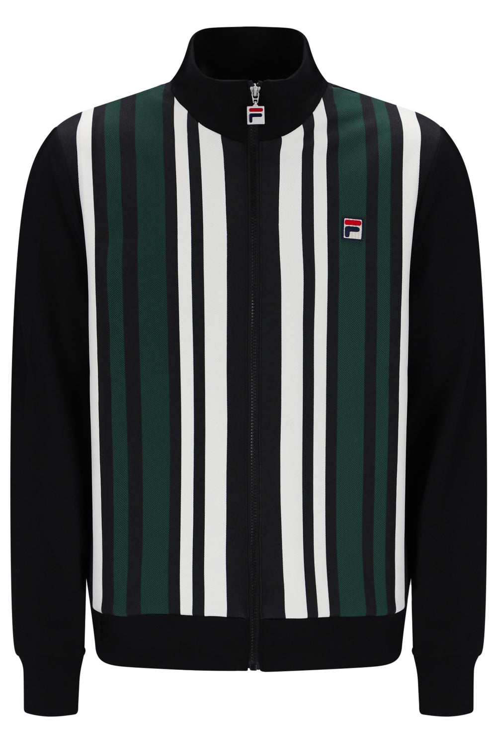 A Fila zip-up track jacket with a black ribbed collar, cuffs, and hem, featuring vertical stripes of green, white, and black on the body, with a small Fila logo patch on the left chest.