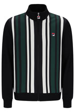 A Fila zip-up track jacket with a black ribbed collar, cuffs, and hem, featuring vertical stripes of green, white, and black on the body, with a small Fila logo patch on the left chest.