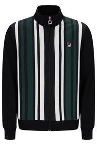 A Fila zip-up track jacket with a black ribbed collar, cuffs, and hem, featuring vertical stripes of green, white, and black on the body, with a small Fila logo patch on the left chest.