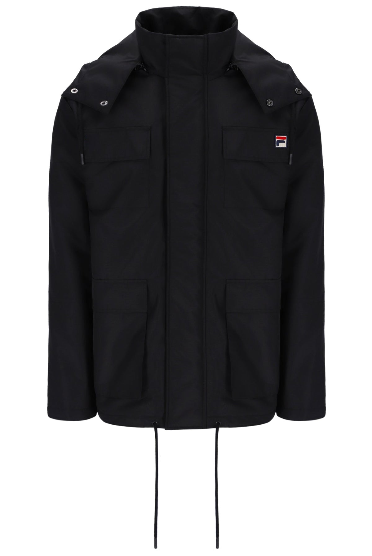 Displays the Black 'FILA' branded Liam Cargo Padded Jacket
