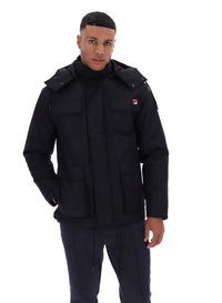 Displays a model wearing the Black 'FILA' branded Liam Cargo Padded Jacket