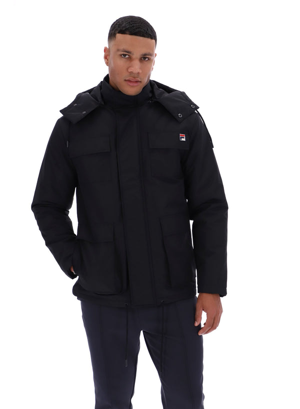 Displays a model wearing the Black 'FILA' branded Liam Cargo Padded Jacket