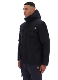 Displays a model wearing the Black 'FILA' branded Liam Cargo Padded Jacket