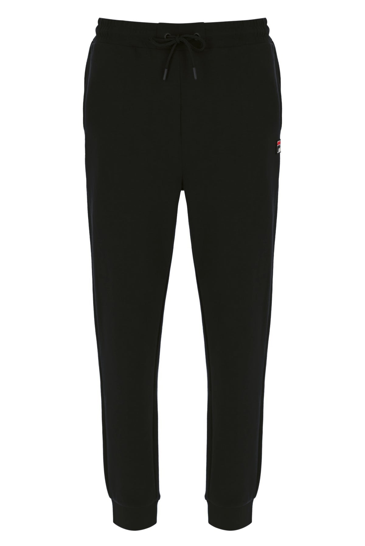 A pair of black Lonny Drawstring Joggers by FILA, featuring an elasticated waistband, cuffed ankles, and a branded FILA logo.