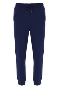 Navy blue sweatpants with a brand logo on a white background