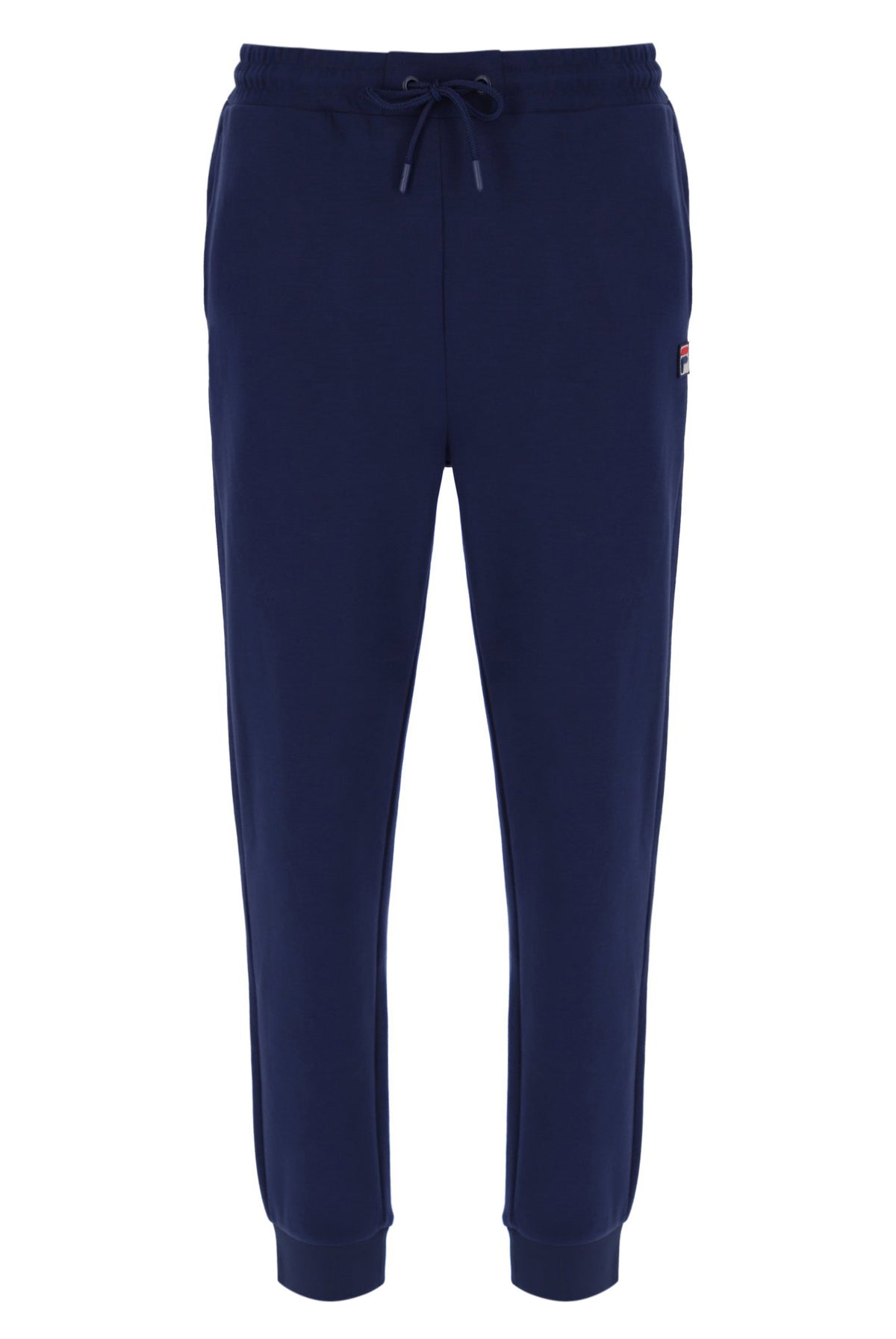 Navy blue sweatpants with a brand logo on a white background