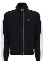 Black jacket with white stripes on sleeves and collar, featuring a brand logo on a white background.