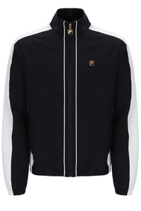 Black jacket with white stripes on sleeves and collar, featuring a brand logo on a white background.