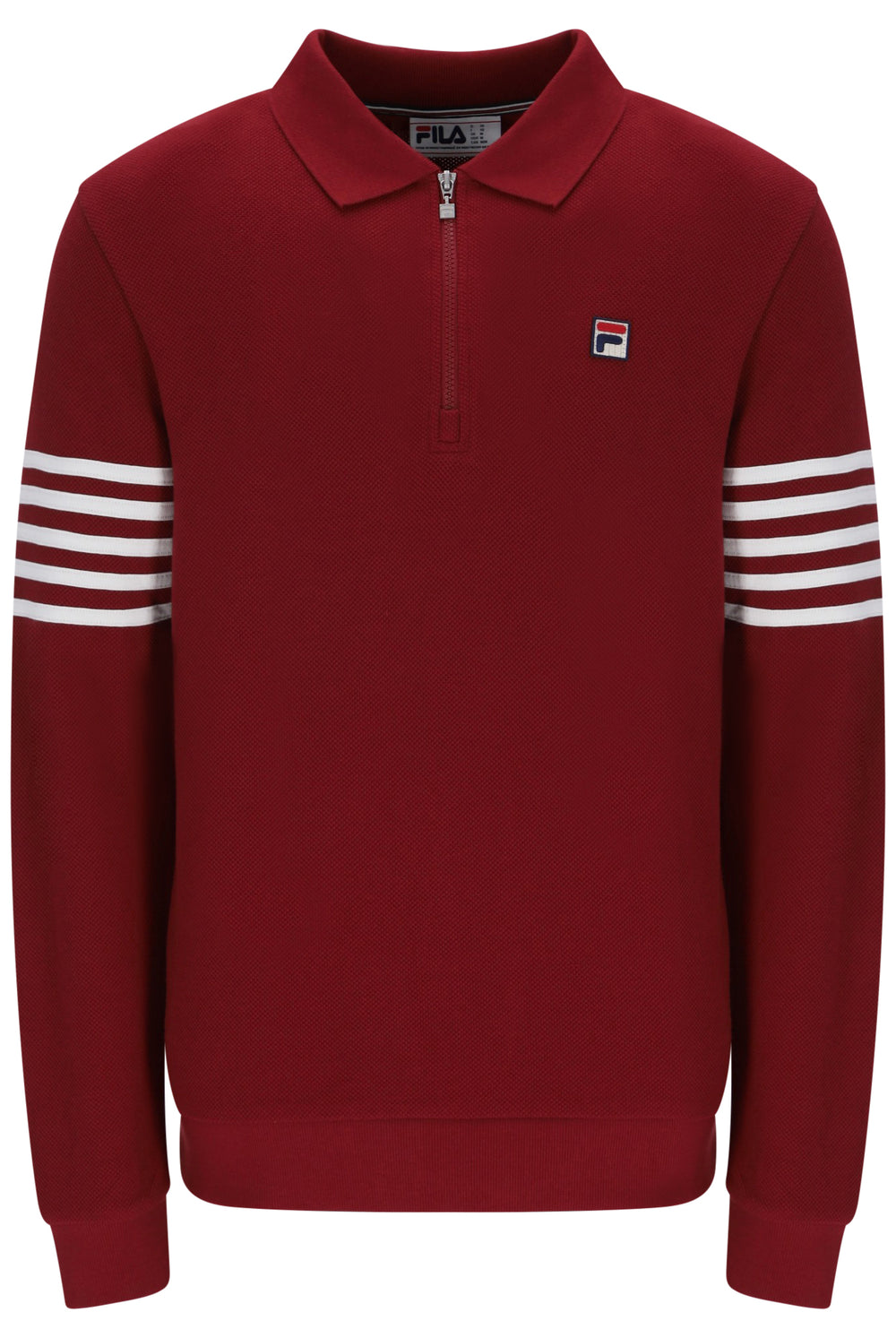 Displays the Sun Dried Tomato and White 'FILA' branded Luis 1/2 Zip Long Sleeve Polo