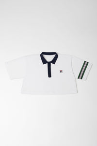 Off White Cropped Flared Polo With Contrast Collar