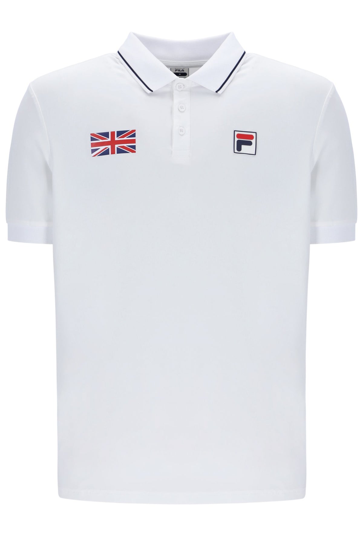 A white tennis polo shirt with button-up fastening and cap sleeve. It features the FILA logo and a small GB flag on the chest.