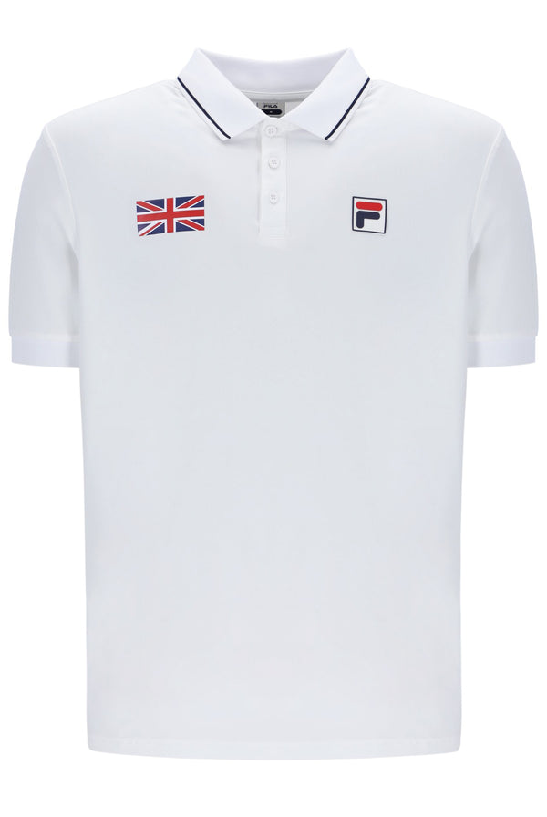 A white tennis polo shirt with button-up fastening and cap sleeve. It features the FILA logo and a small GB flag on the chest.