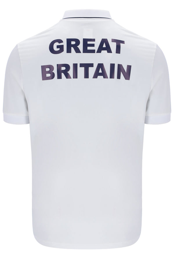 A white tennis polo shirt with button-up fastening and cap sleeve. It features the FILA logo and a small GB flag on the chest.