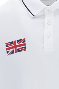 A white tennis polo shirt with button-up fastening and cap sleeve. It features the FILA logo and a small GB flag on the chest.