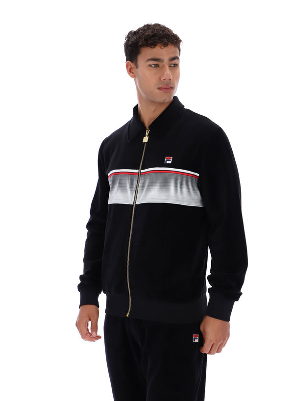 Displays a model wearing the Black 'FILA' branded Malakai Striped Track Top