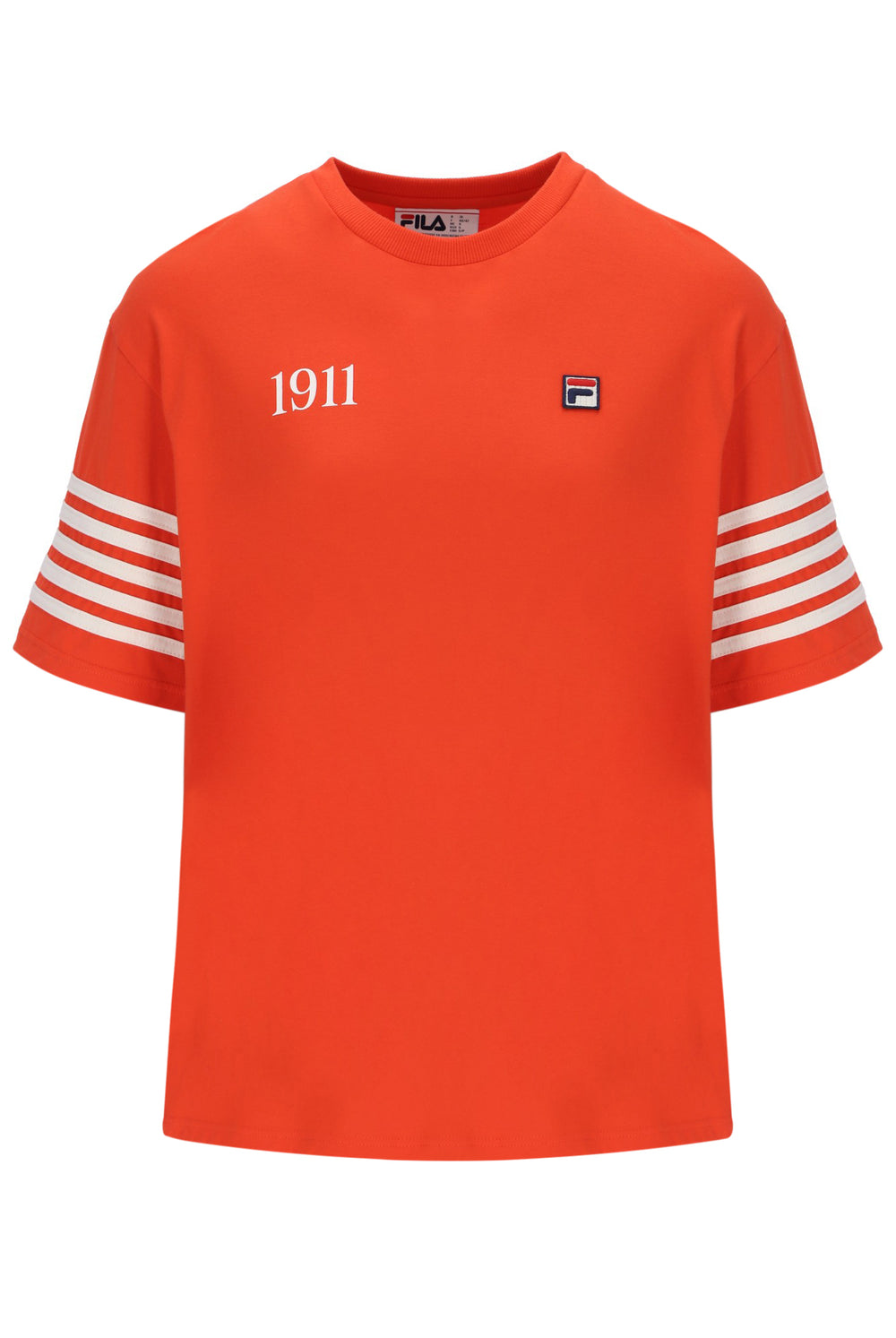 Orange t-shirt with white stripes and '1911' text on sleeves, Fila logo on chest, on a white background