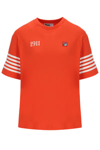 Orange t-shirt with white stripes and '1911' text on sleeves, Fila logo on chest, on a white background