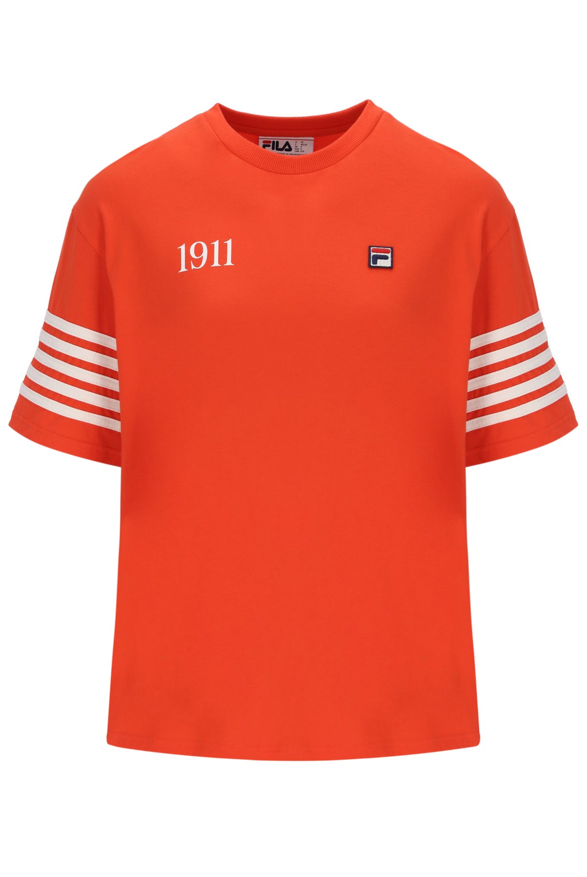 Orange t-shirt with white stripes and '1911' text on sleeves, Fila logo on chest, on a white background
