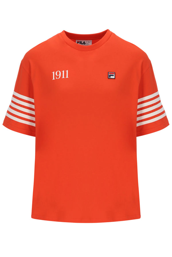 Orange t-shirt with white stripes and '1911' text on sleeves, Fila logo on chest, on a white background