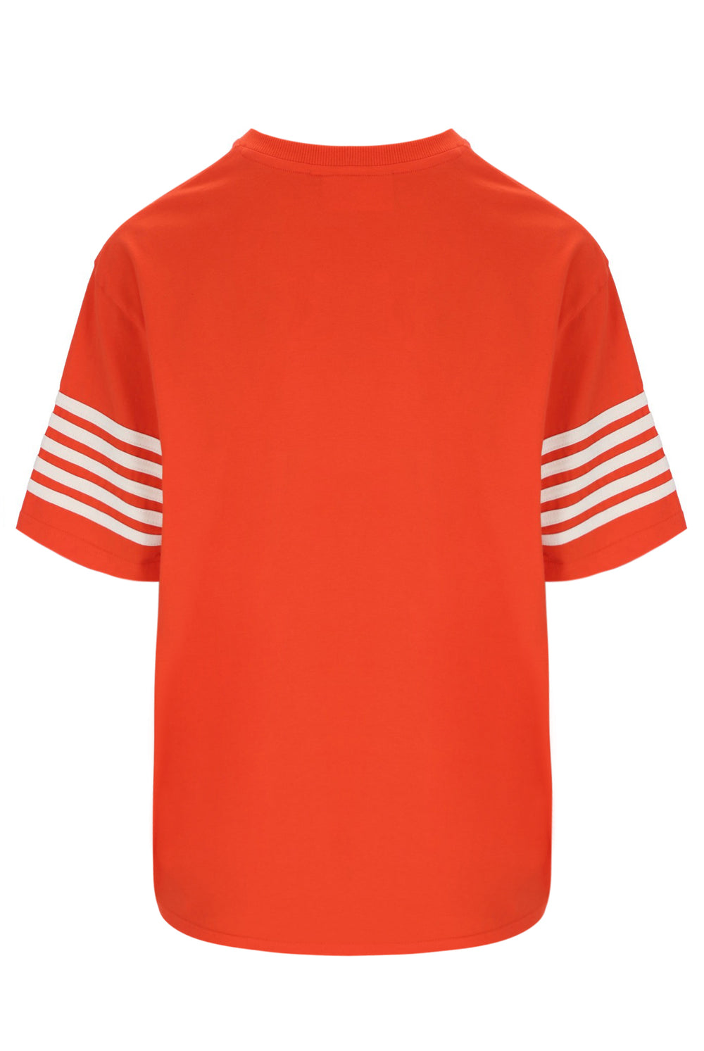 Orange t-shirt with white stripes on sleeves on a white background