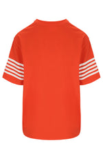 Orange t-shirt with white stripes on sleeves on a white background
