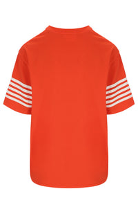 Orange t-shirt with white stripes on sleeves on a white background
