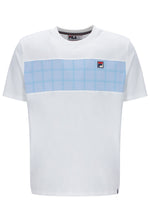 White t-shirt with a blue grid pattern and Fila logo on a white background